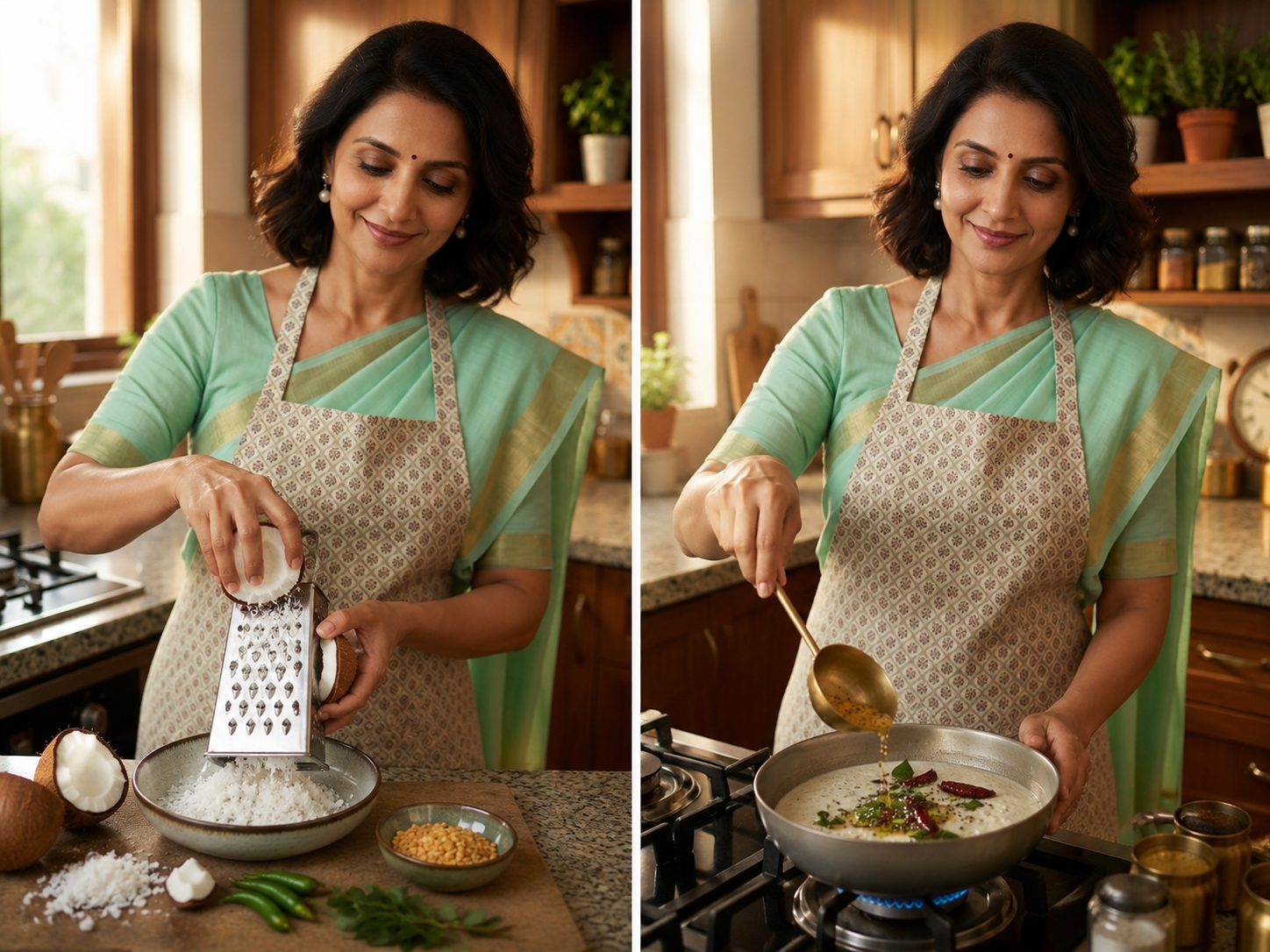 Jahnavi in a green saree preparing food