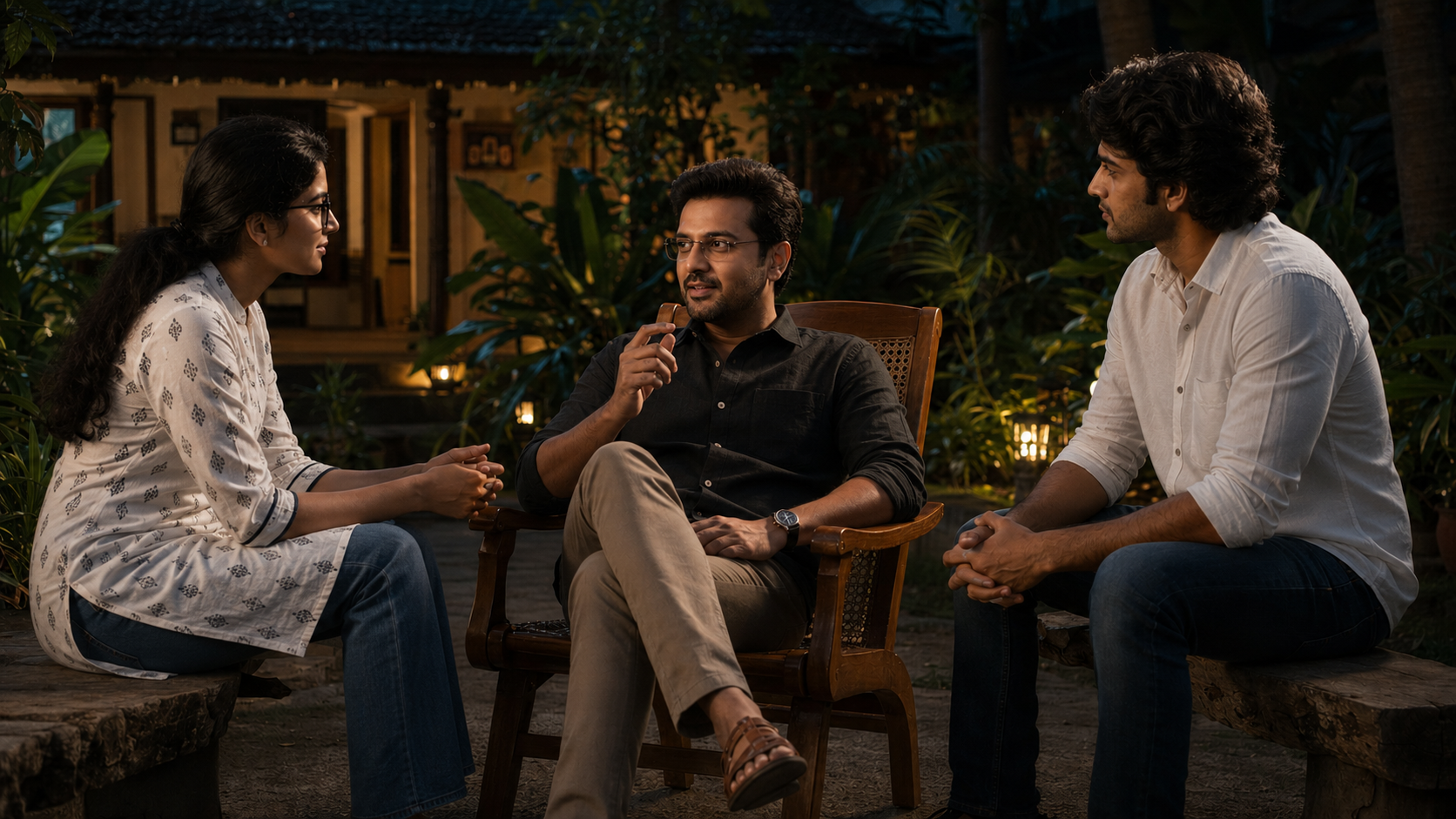 A focused, intellectual conversation happening in a moody night garden