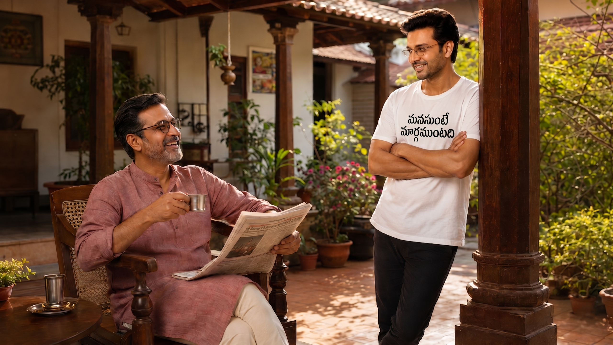 Varun laughing with newspaper and coffee, Surya teasing him on a sunny Sunday morning