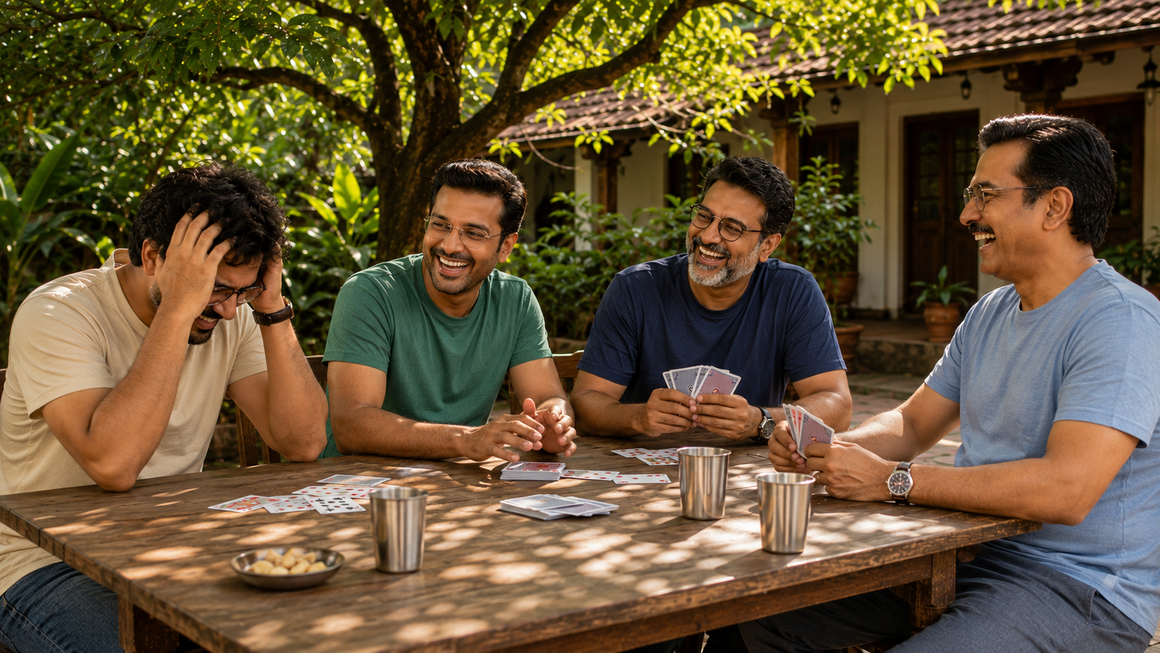 Four men playing cards under a tree on a sunny afternoon, laughing and having fun