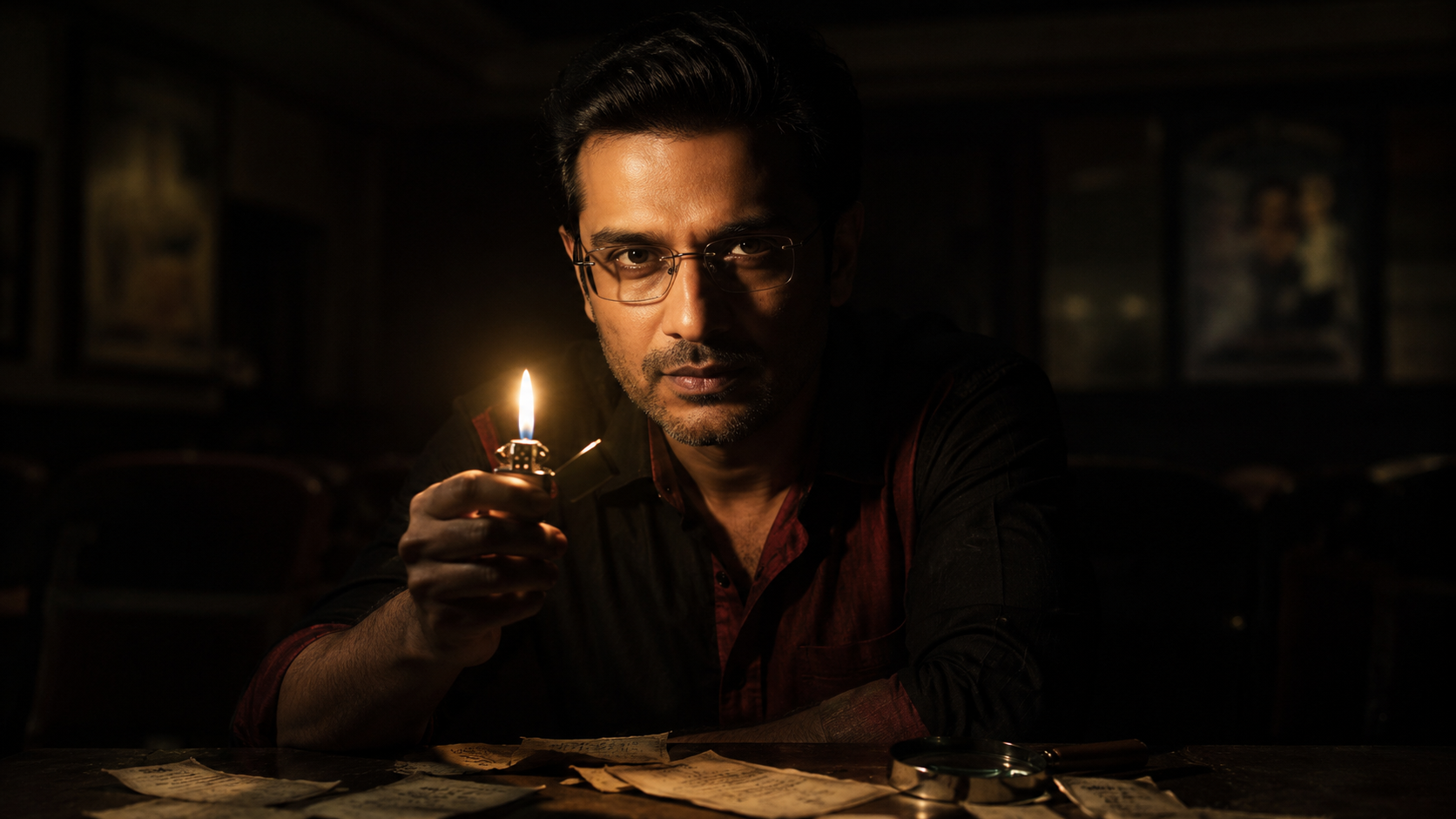 Cinematic noir portrait of Surya in a dark study, lit by a lighter, with old receipts on the table