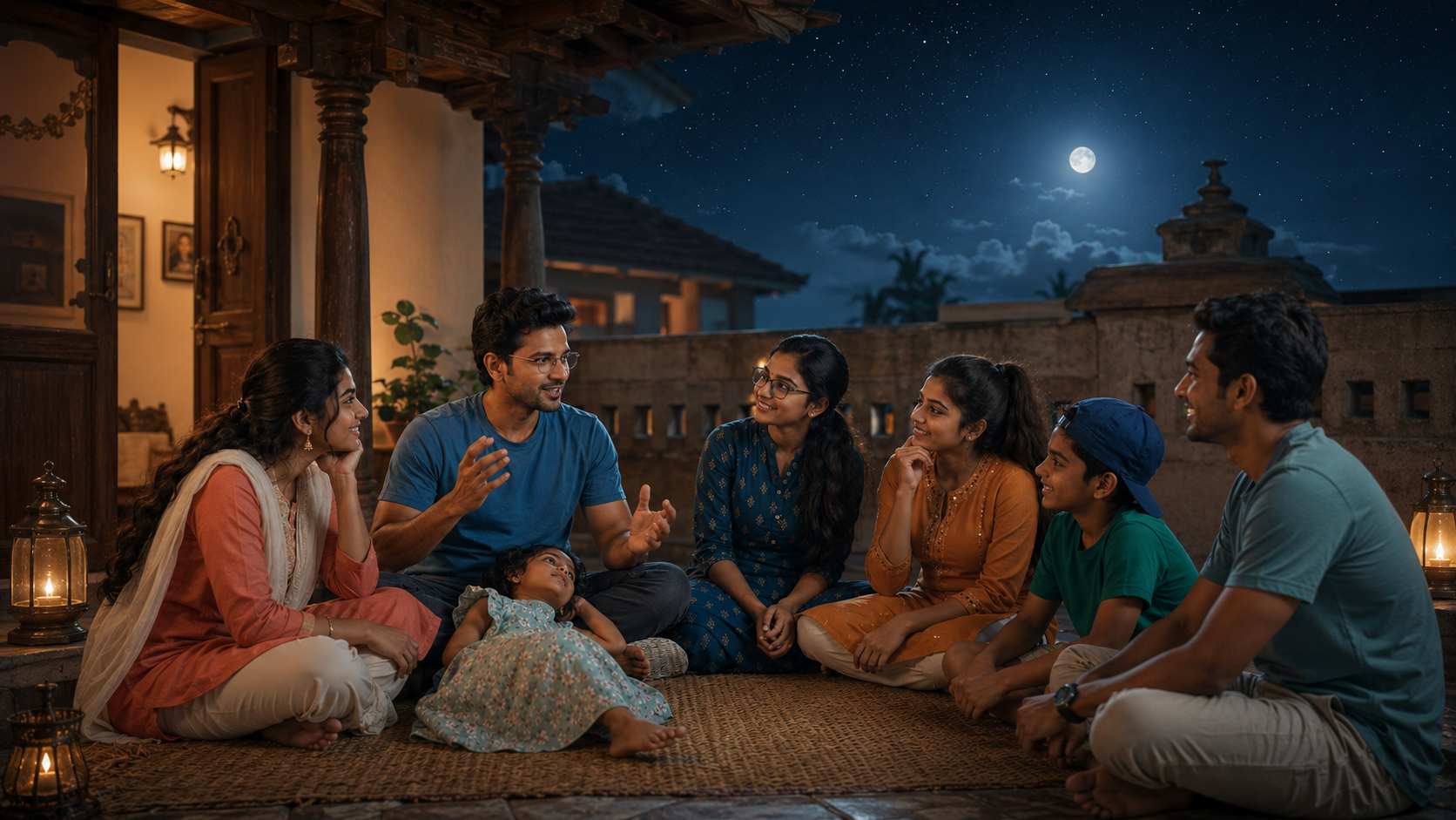 Cinematic night storytelling on a rooftop under the moonlight