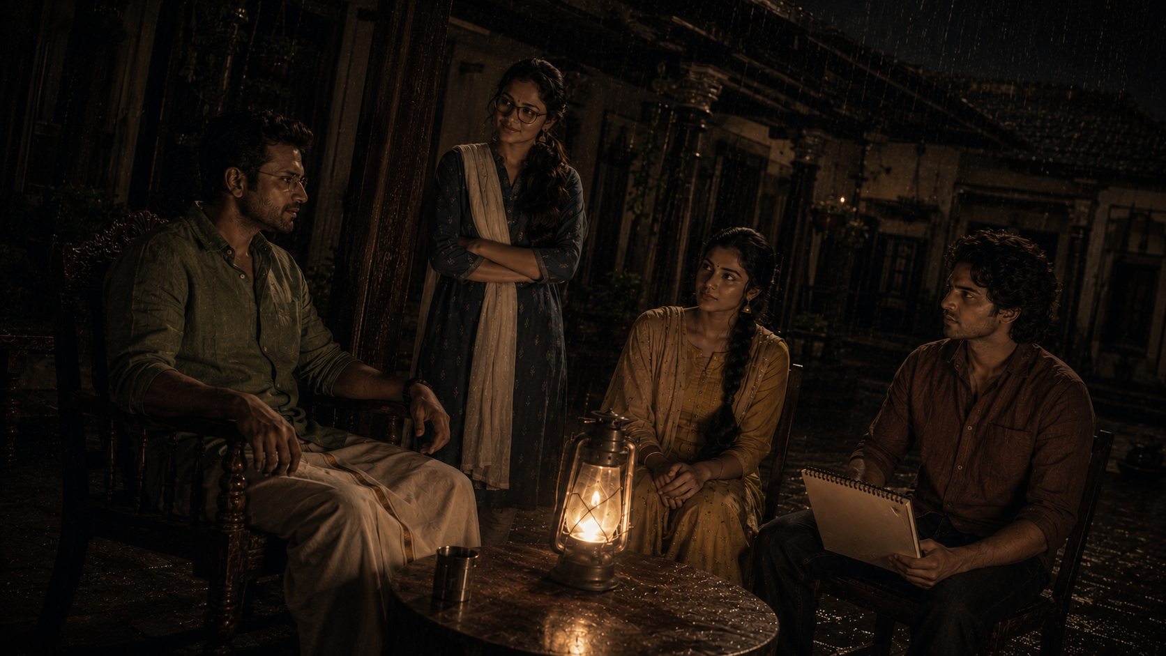 A moody rainy night in a traditional courtyard lit by a warm lantern, captured with a Dutch Angle