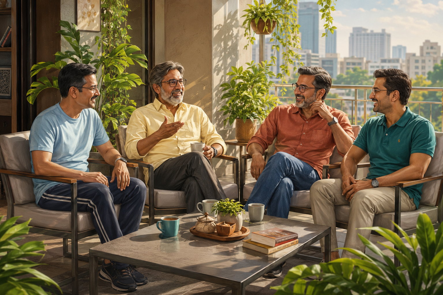 ఆదివారం మధ్యాహ్నం వరండాలో సరదాగా మాట్లాడుకుంటున్న నలుగురు స్నేహితులు