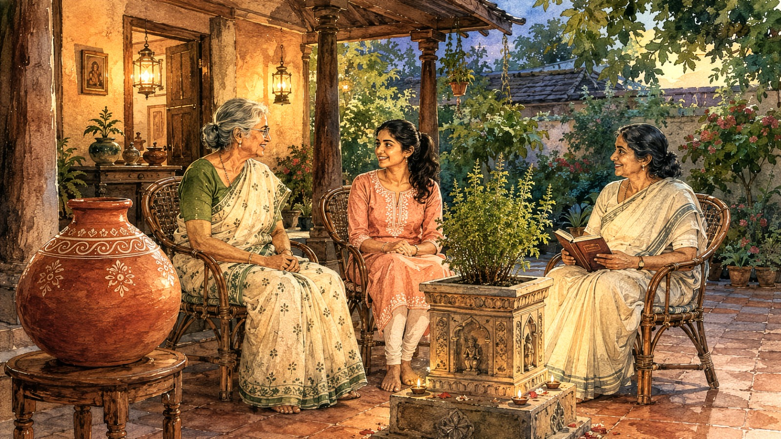 ఒకవైపు ఘటం, మరోవైపు వరండాలో మాట్లాడుకుంటున్న శ్రీ అమ్మమ్మ, సిరి, బాలా అమ్మమ్మ - వాటర్ కలర్ శైలి