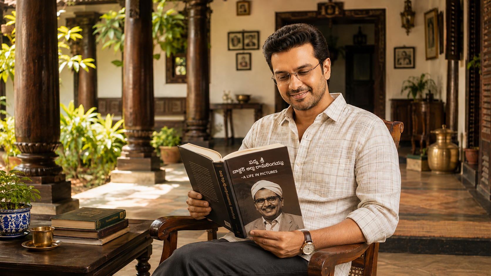 Cinematic bright portrait of Surya in a sunlit veranda reading a vintage book