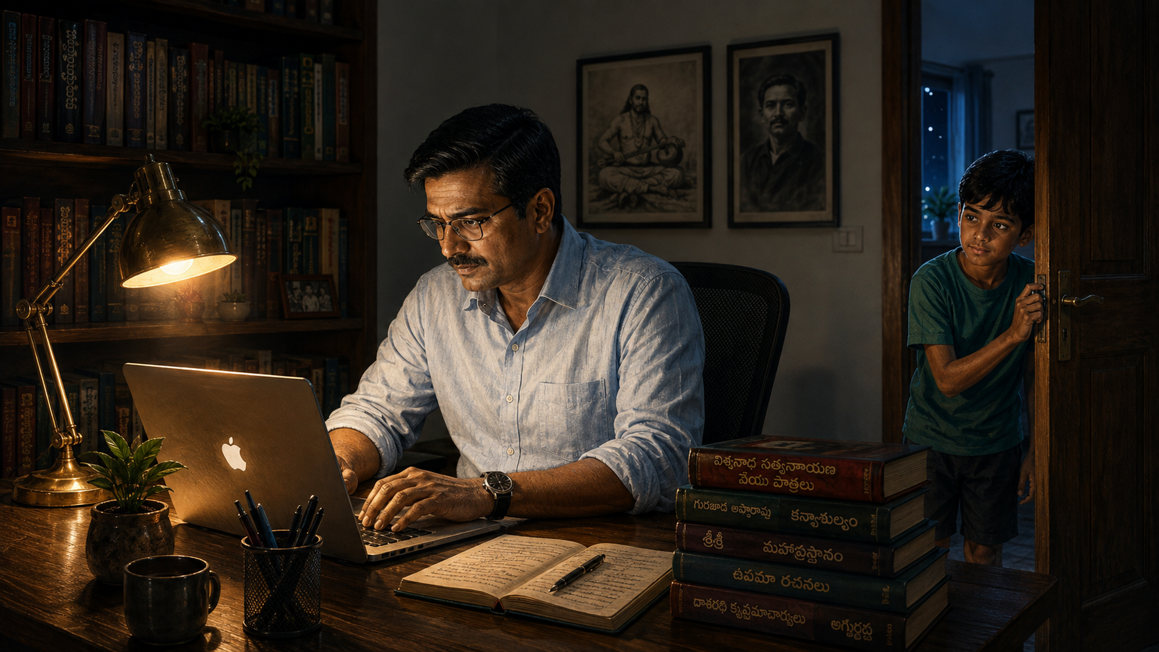 రాత్రిపూట ఆఫీస్ రూమ్‌లో లాప్‌టాప్ ముందు పృథ్వి, తలుపు చాటుగా జై