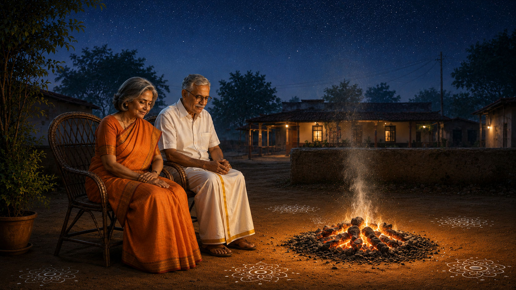 తెల్లవారుజామున భోగి మంటల జ్ఞాపకాలతో ఉన్న అమ్మమ్మ మరియు తాతయ్య